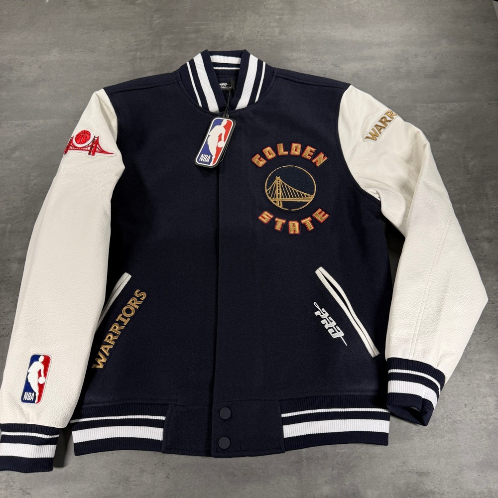 Golden State Warriors Varsity Bomber Jacket M Navy NBA Pro Standard Wool NWT